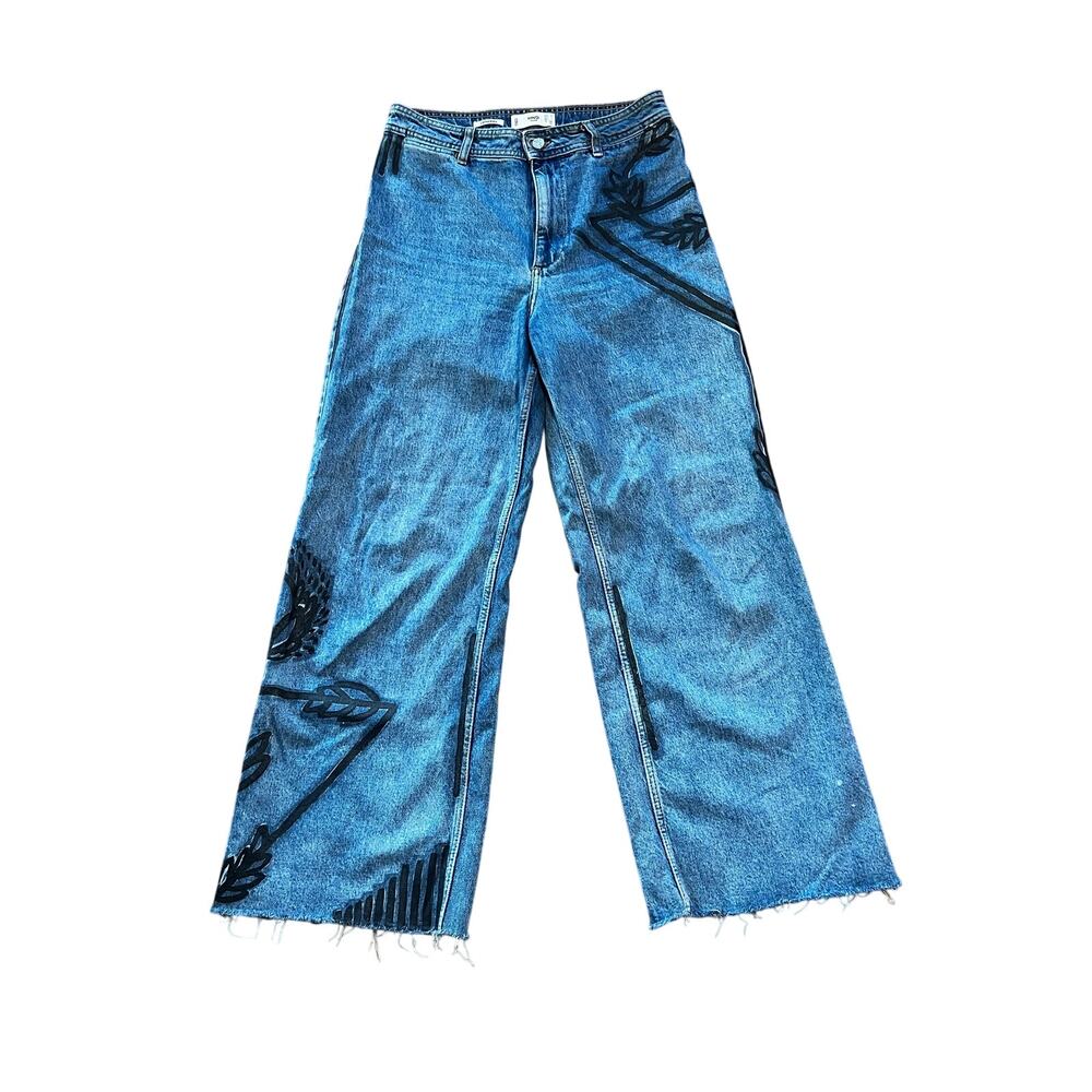 MNG MANGO Catherine Wide Leg Custom Hand Painted Denim Blue Raw Hem | Size 8